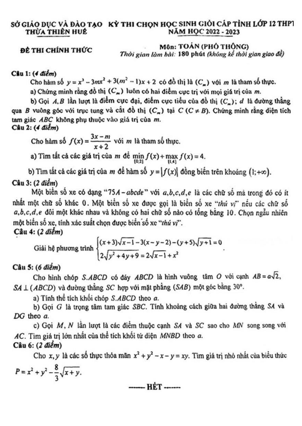 Đề thi học sinh giỏi tỉnh lớp 12 môn Toán năm 2022 2023 sở GD ĐT Thừa Thiên Huế