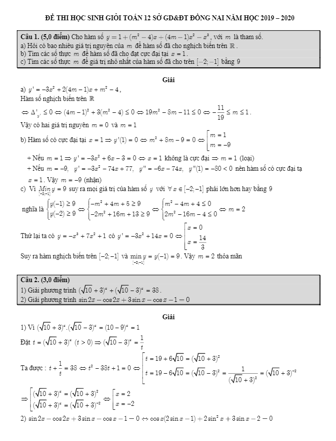 Đề thi học sinh giỏi tỉnh lớp 12 môn Toán THPT năm 2019 2020 sở GD ĐT Đồng Nai