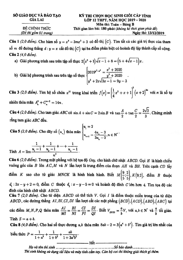 Đề thi học sinh giỏi tỉnh lớp 12 môn Toán THPT năm 2019 2020 sở GD ĐT Gia Lai
