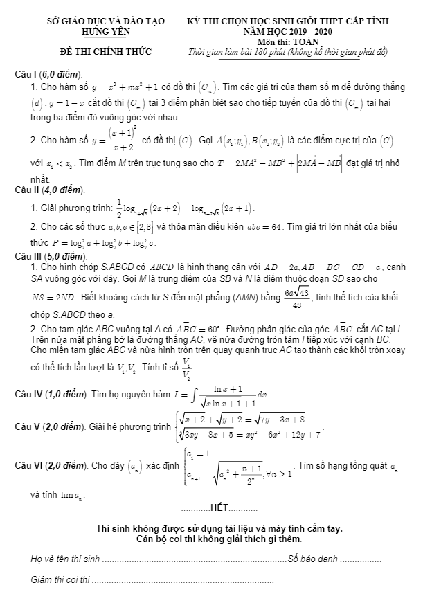 Đề thi học sinh giỏi tỉnh lớp 12 môn Toán THPT năm 2019 2020 sở GD ĐT Hưng Yên