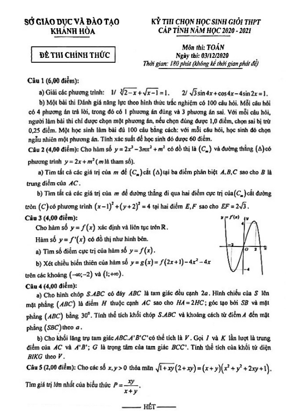 Đề thi học sinh giỏi tỉnh Toán THPT năm 2020 2021 sở GD ĐT Khánh Hòa