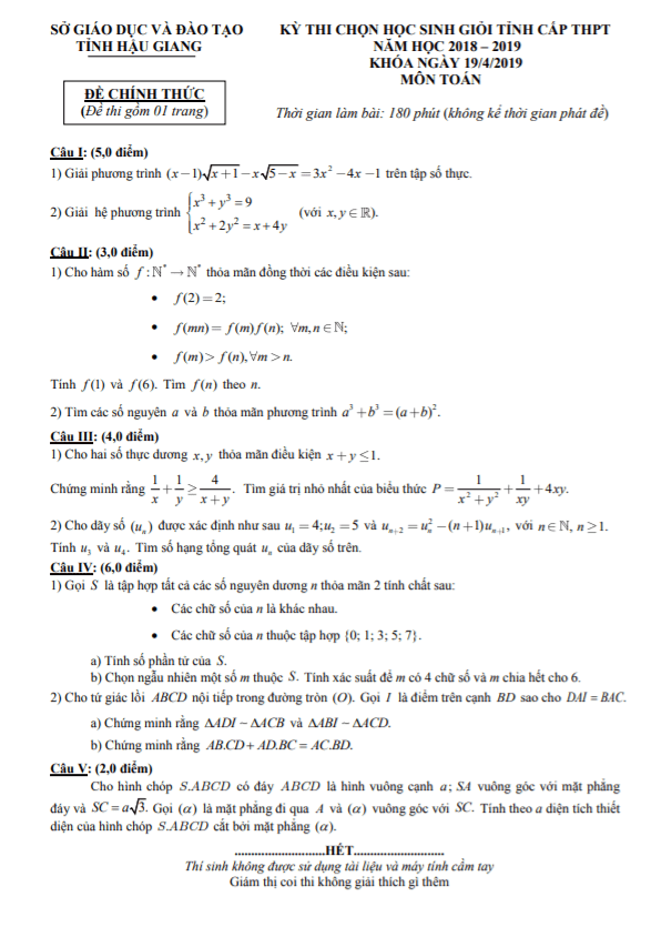Đề thi học sinh giỏi Toán THPT cấp tỉnh năm 2018 2019 sở GD ĐT Hậu Giang