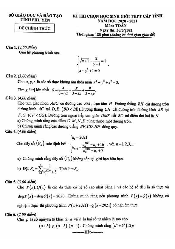 Đề thi học sinh giỏi Toán THPT cấp tỉnh năm 2020 2021 sở GD ĐT Phú Yên