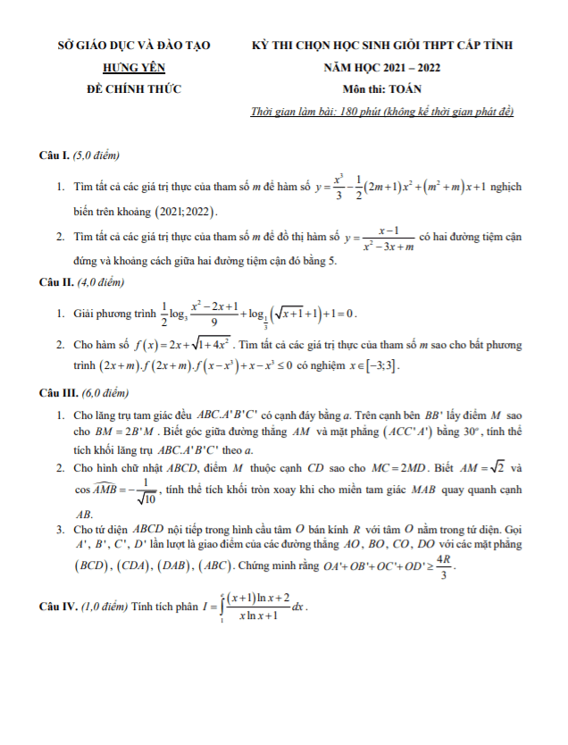 Đề thi học sinh giỏi Toán THPT cấp tỉnh năm 2021 2022 sở GD ĐT Hưng Yên