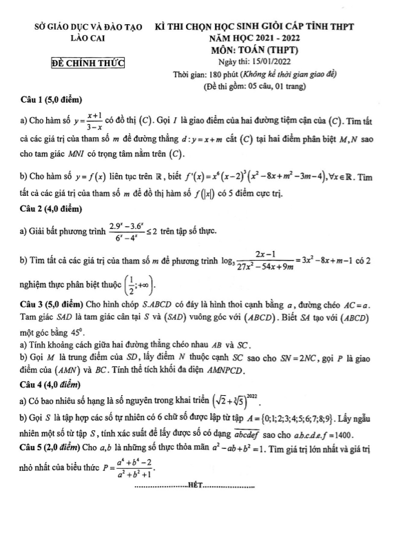 Đề thi học sinh giỏi Toán THPT cấp tỉnh năm 2021 2022 sở GD ĐT Lào Cai