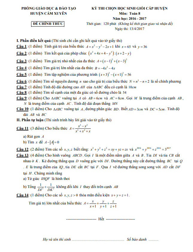 Đề thi HSG cấp huyện lớp 8 môn Toán năm 2016 2017 phòng GD ĐT Cẩm Xuyên Hà Tĩnh