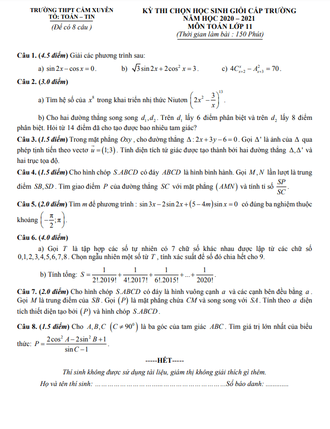 Đề thi HSG cấp trường lớp 11 môn Toán năm 2020 2021 trường Cẩm Xuyên Hà Tĩnh