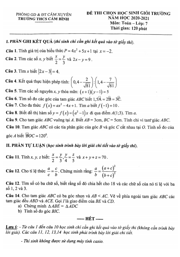 Đề thi HSG cấp trường lớp 7 môn Toán năm 2020 2021 trường THCS Cẩm Bình Hà Tĩnh