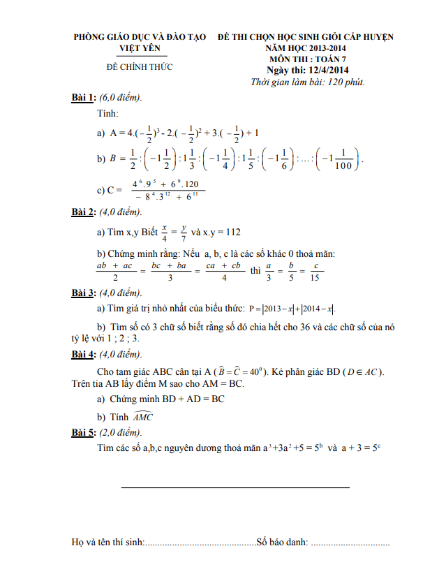 Đề thi HSG huyện lớp 7 môn Toán năm 2013 2014 phòng GD ĐT Việt Yên Bắc Giang