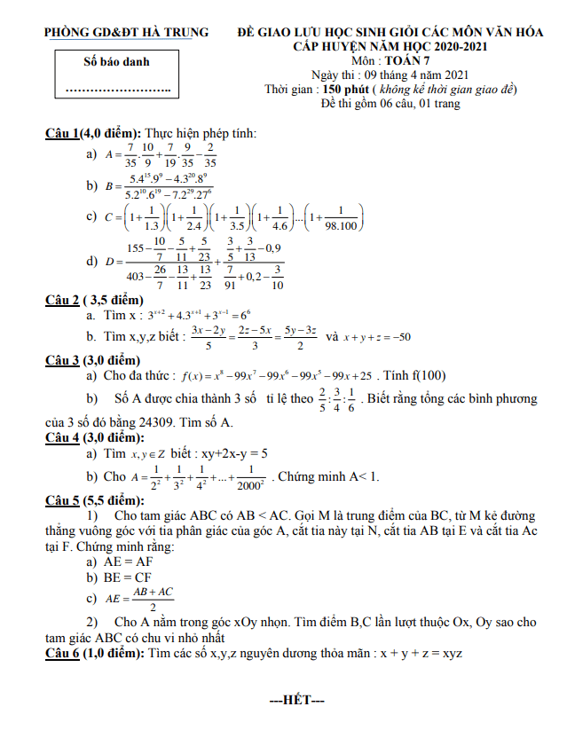 Đề thi HSG huyện lớp 7 môn Toán năm 2020 2021 phòng GD ĐT Hà Trung Thanh Hóa