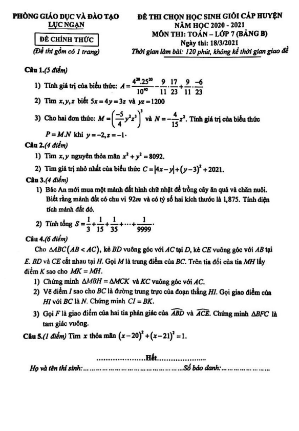 Đề thi HSG huyện lớp 7 môn Toán năm 2020 2021 phòng GD ĐT Lục Ngạn Bắc Giang