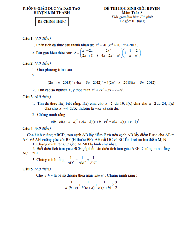 Đề thi HSG huyện lớp 8 môn Toán năm 2014 2015 phòng GD ĐT Kim Thành Hải Dương