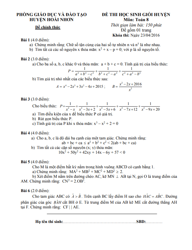 Đề thi HSG huyện lớp 8 môn Toán năm 2015 2016 phòng GD ĐT Hoài Nhơn Bình Định