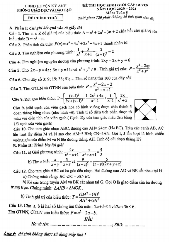 Đề thi HSG huyện lớp 8 môn Toán năm 2020 2021 phòng GD ĐT Kỳ Anh Hà Tĩnh