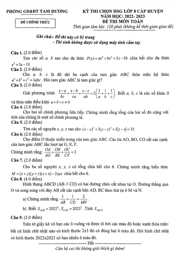Đề thi HSG huyện lớp 8 môn Toán năm 2022 2023 phòng GD ĐT Tam Dương Vĩnh Phúc