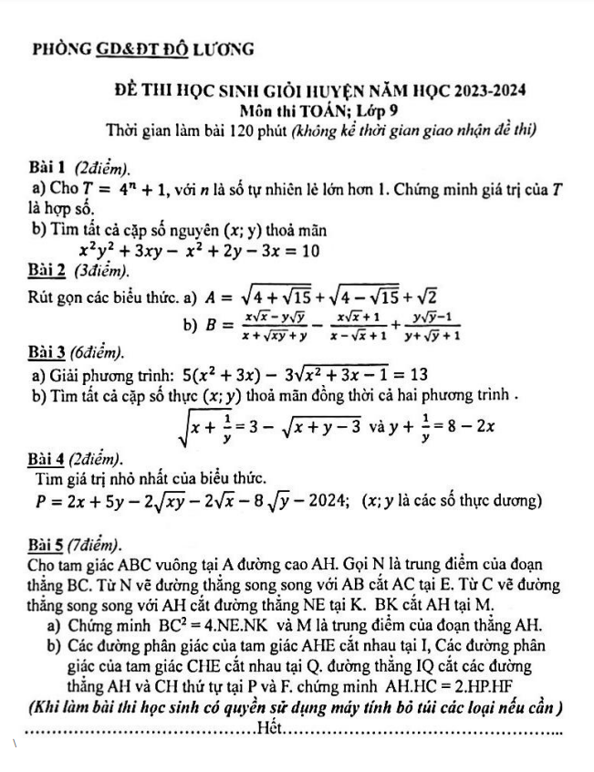Đề thi HSG huyện lớp 9 môn Toán năm 2023 2024 phòng GD ĐT Đô Lương Nghệ An