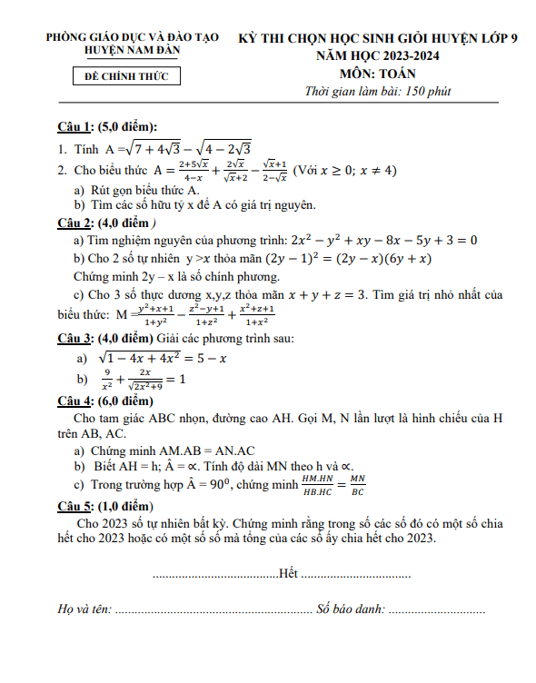 Đề thi HSG huyện lớp 9 môn Toán năm 2023 2024 phòng GD ĐT Nam Đàn Nghệ An