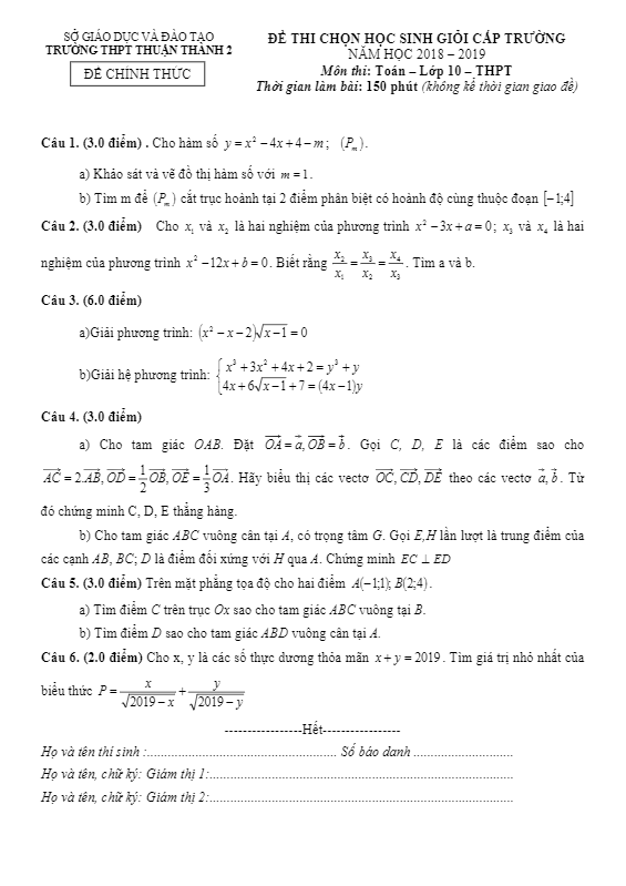 Đề thi HSG lớp 10 môn Toán cấp trường năm 2018 2019 trường Thuận Thành 2 Bắc Ninh