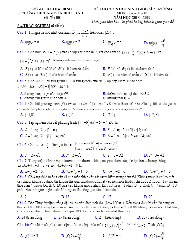 Đề thi HSG lớp 10 môn Toán năm 2018 2019 trường Nguyễn Đức Cảnh Thái Bình