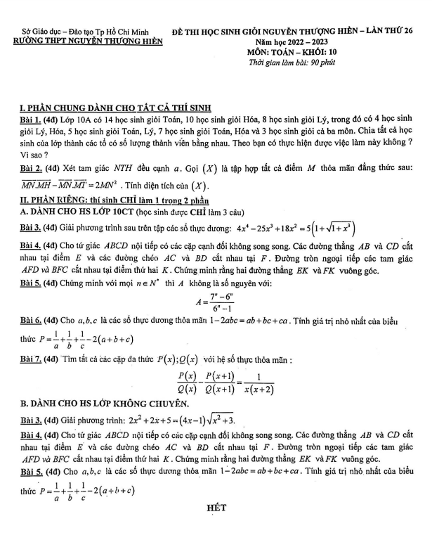 Đề thi HSG lớp 10 môn Toán năm 2022 2023 trường THPT Nguyễn Thượng Hiền TP HCM