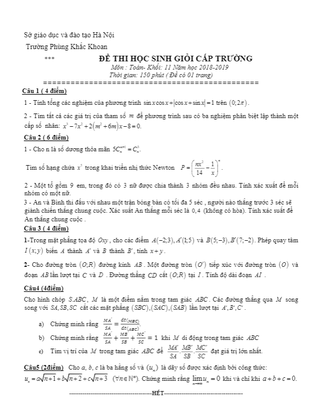 Đề thi HSG lớp 11 môn Toán năm 2018 2019 trường Phùng Khắc Khoan Hà Nội