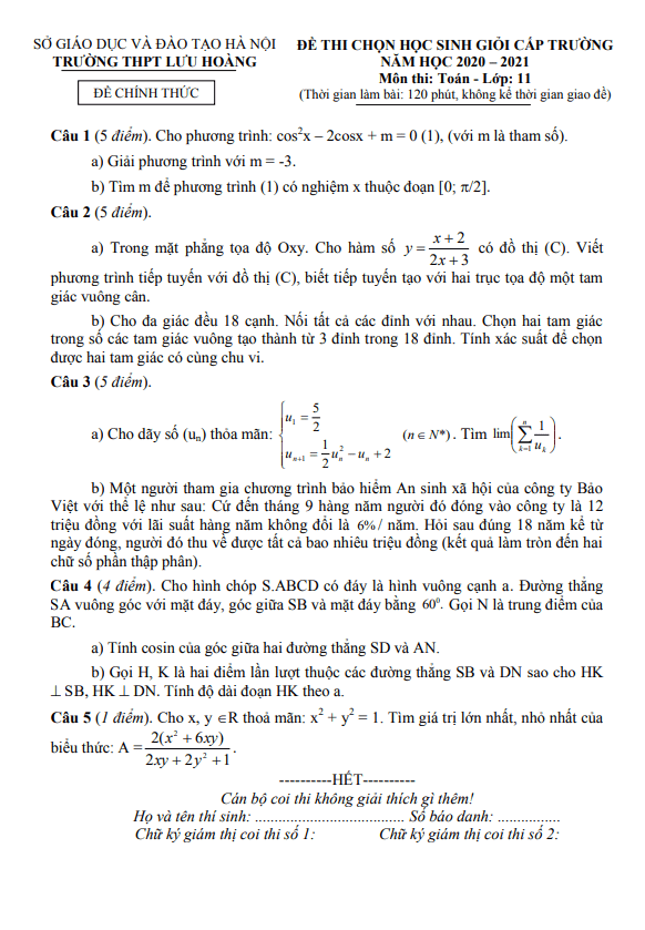Đề thi HSG lớp 11 môn Toán năm 2020 2021 trường THPT Lưu Hoàng Hà Nội
