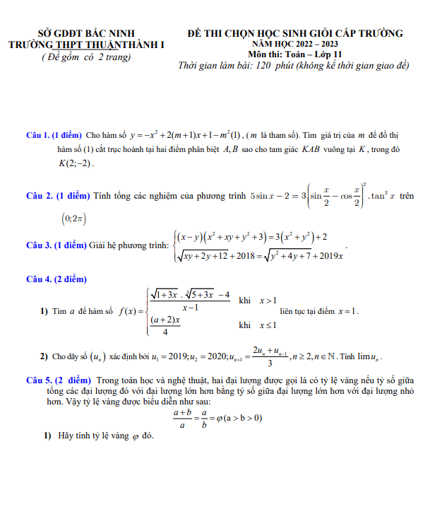Đề thi HSG lớp 11 môn Toán năm 2022 2023 trường THPT Thuận Thành 1 Bắc Ninh