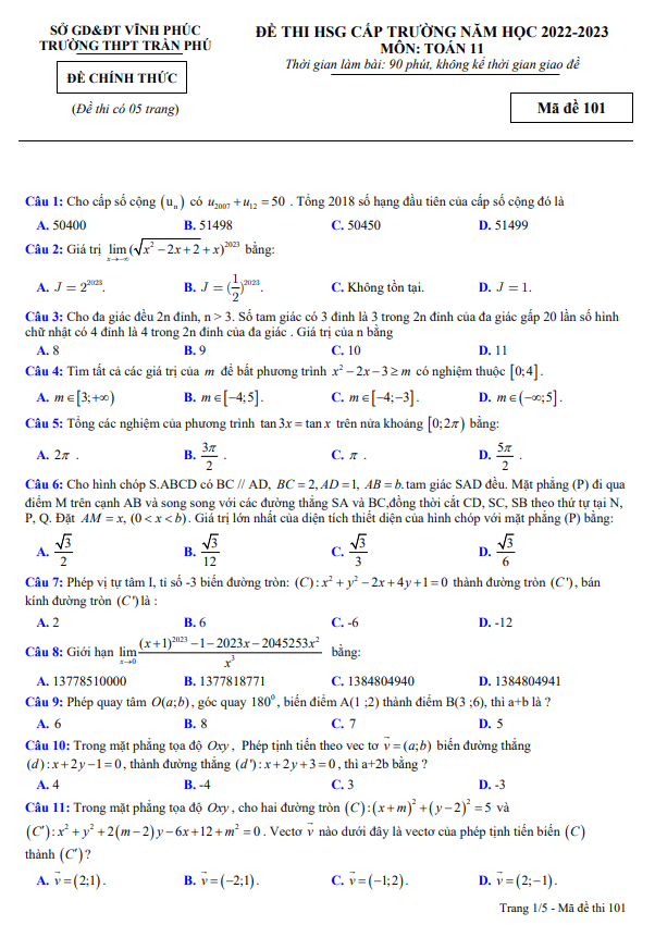 Đề thi HSG lớp 11 môn Toán năm 2022 2023 trường THPT Trần Phú Vĩnh Phúc