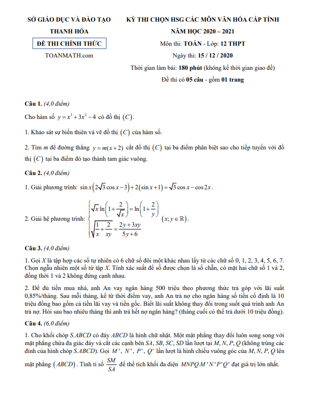 Đề thi HSG lớp 12 môn Toán cấp tỉnh năm 2020 2021 sở GD ĐT Thanh Hóa