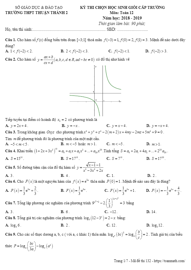 Đề thi HSG lớp 12 môn Toán cấp trường năm 2018 – 2019 trường Thuận Thành 2 – Bắc Ninh