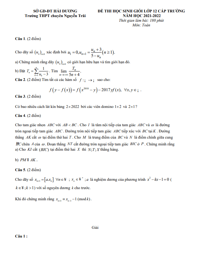 Đề thi HSG lớp 12 môn Toán cấp trường năm 2021 2022 trường chuyên Nguyễn Trãi Hải Dương