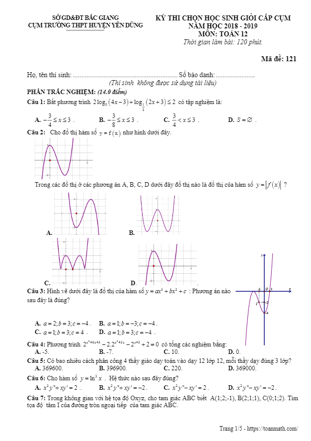 Đề thi HSG lớp 12 môn Toán năm 2018 2019 cụm trường THPT huyện Yên Dũng Bắc Giang