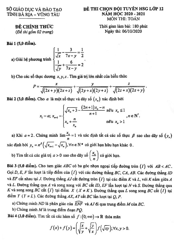 Đề thi HSG lớp 12 môn Toán năm 2020 2021 sở GD ĐT Bà Rịa Vũng Tàu