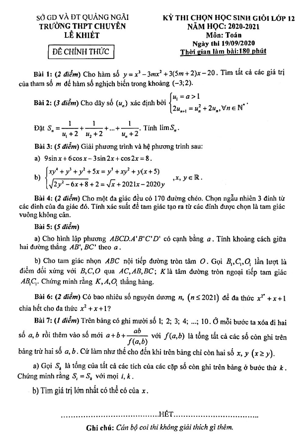Đề thi HSG lớp 12 môn Toán năm 2020 2021 trường THPT chuyên Lê Khiết Quảng Ngãi