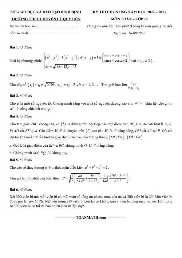 Đề thi HSG lớp 12 môn Toán năm 2022 2023 trường THPT chuyên Lê Quý Đôn Bình Định
