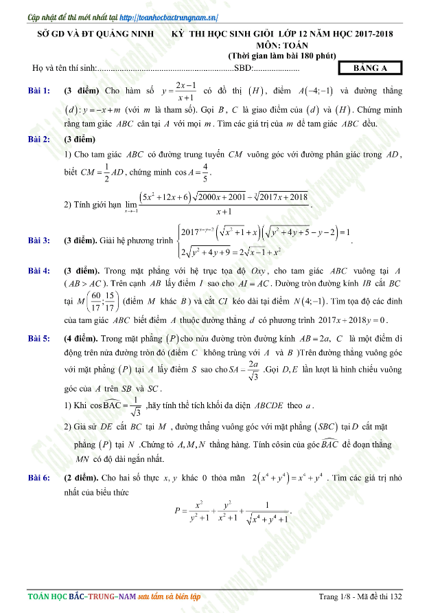 Đề thi HSG lớp 12 môn Toán năm học 2017 2018 sở GD và ĐT Quảng Ninh (Bảng A)