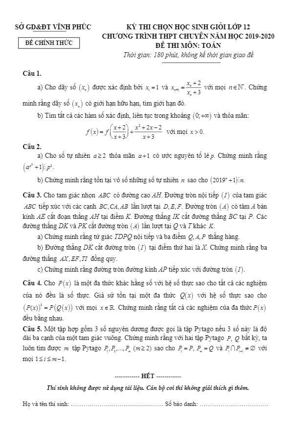 Đề thi HSG lớp 12 môn Toán THPT chuyên năm học 2019 2020 sở GD ĐT Vĩnh Phúc