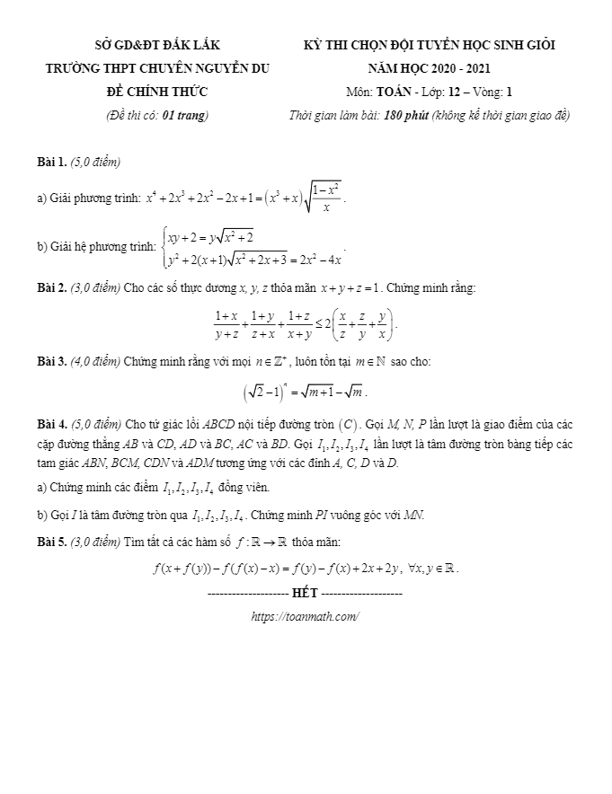 Đề thi HSG lớp 12 môn Toán (vòng 1) năm 2020 2021 trường chuyên Nguyễn Du Đắk Lắk