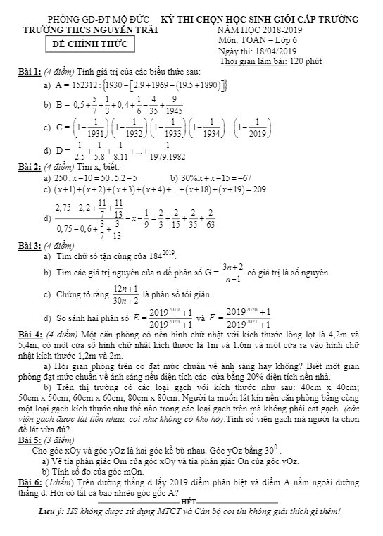 Đề thi HSG lớp 6 môn Toán năm 2018 2019 trường THCS Nguyễn Trãi Quảng Ngãi