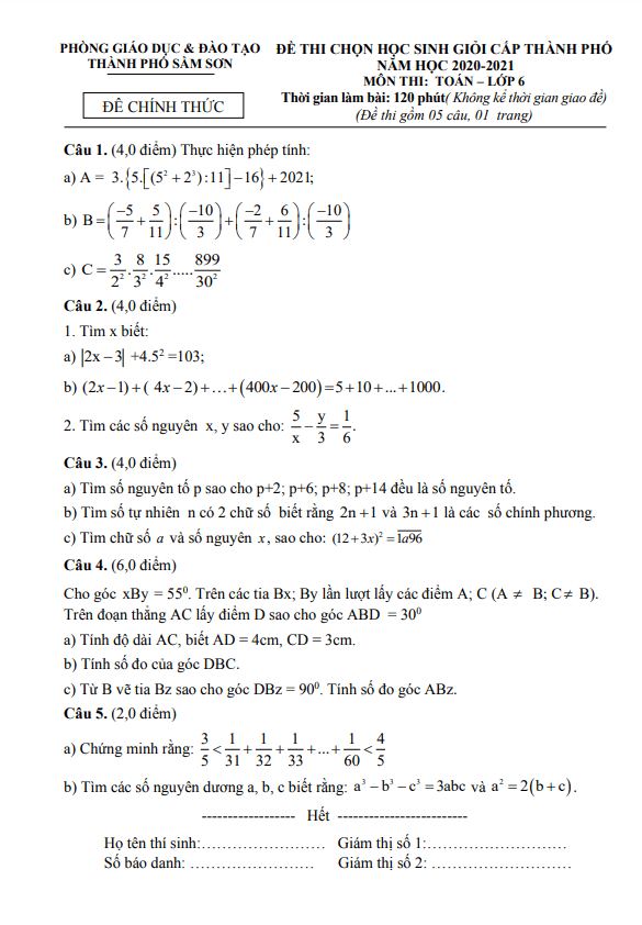Đề thi HSG lớp 6 môn Toán năm 2020 2021 phòng GD ĐT thành phố Sầm Sơn Thanh Hóa