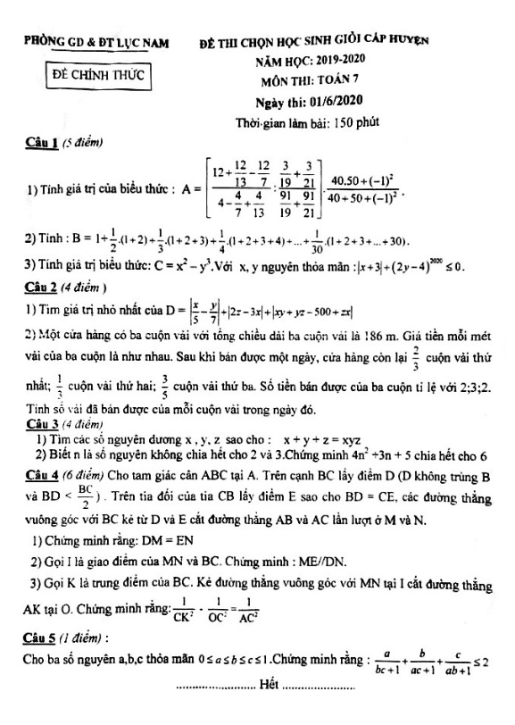 Đề thi HSG lớp 7 môn Toán năm 2019 2020 phòng GD ĐT Lục Nam Bắc Giang