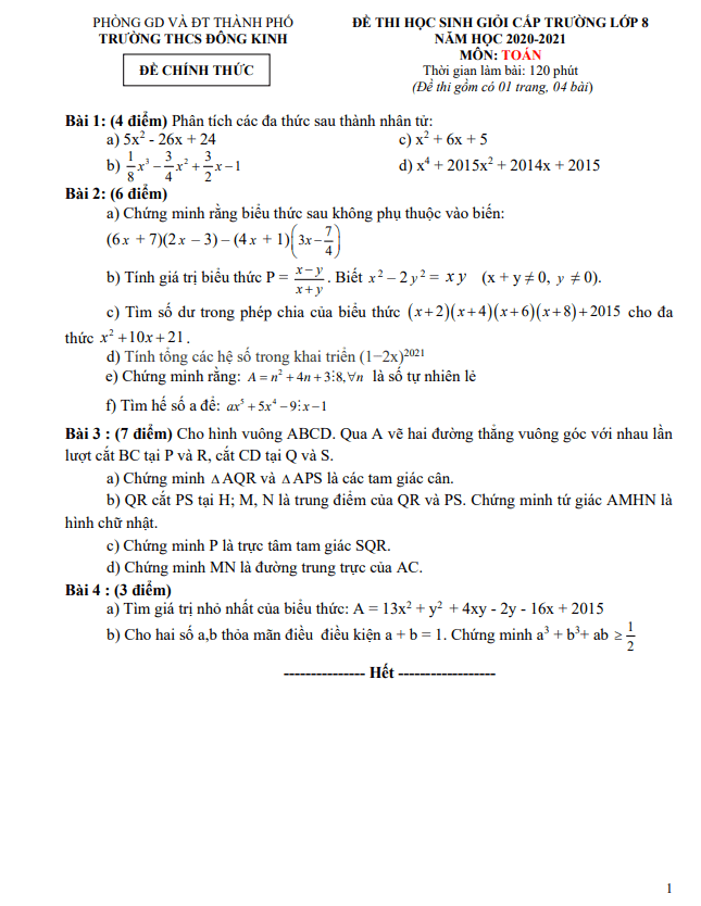 Đề thi HSG lớp 8 môn Toán cấp trường năm 2020 2021 trường THCS Đông Kinh Lạng Sơn