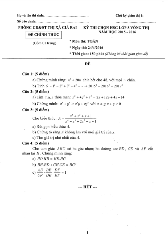 Đề thi HSG lớp 8 môn Toán năm 2015 2016 phòng GD ĐT thị xã Giá Rai Bạc Liêu