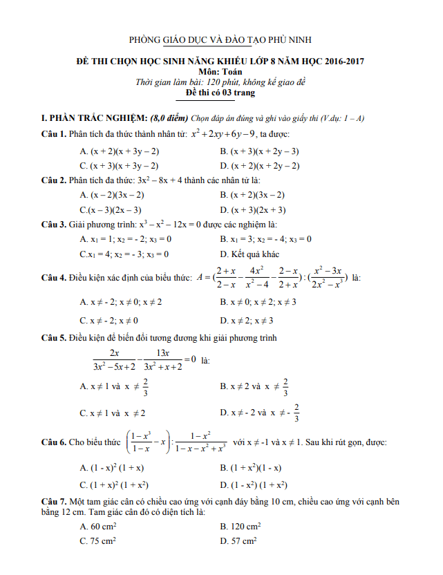 Đề thi HSG lớp 8 môn Toán năm 2016 2017 phòng GD ĐT Phù Ninh Phú Thọ