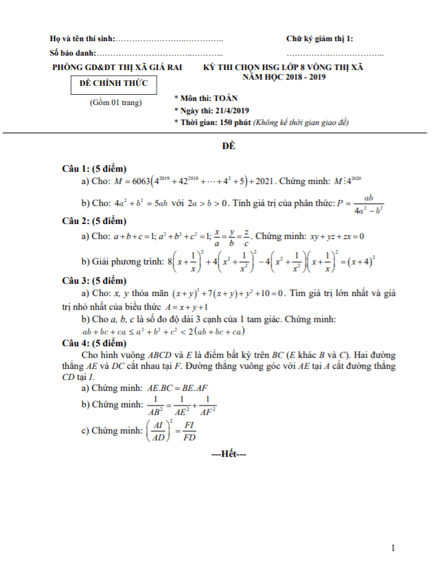 Đề thi HSG lớp 8 môn Toán năm 2018 2019 phòng GD ĐT thị xã Giá Rai Bạc Liêu