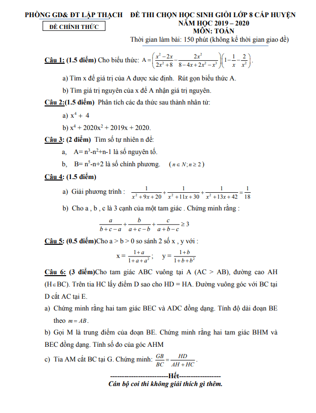 Đề thi HSG lớp 8 môn Toán năm 2019 2020 phòng GD ĐT Lập Thạch Vĩnh Phúc
