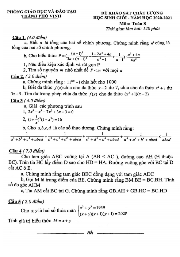 Đề thi HSG lớp 8 môn Toán năm 2020 2021 phòng GD ĐT thành phố Vinh Nghệ An