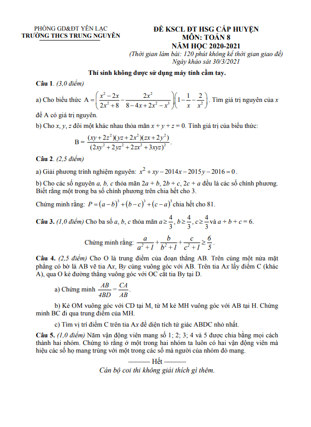 Đề thi HSG lớp 8 môn Toán năm 2020 2021 trường THCS Trung Nguyên Vĩnh Phúc