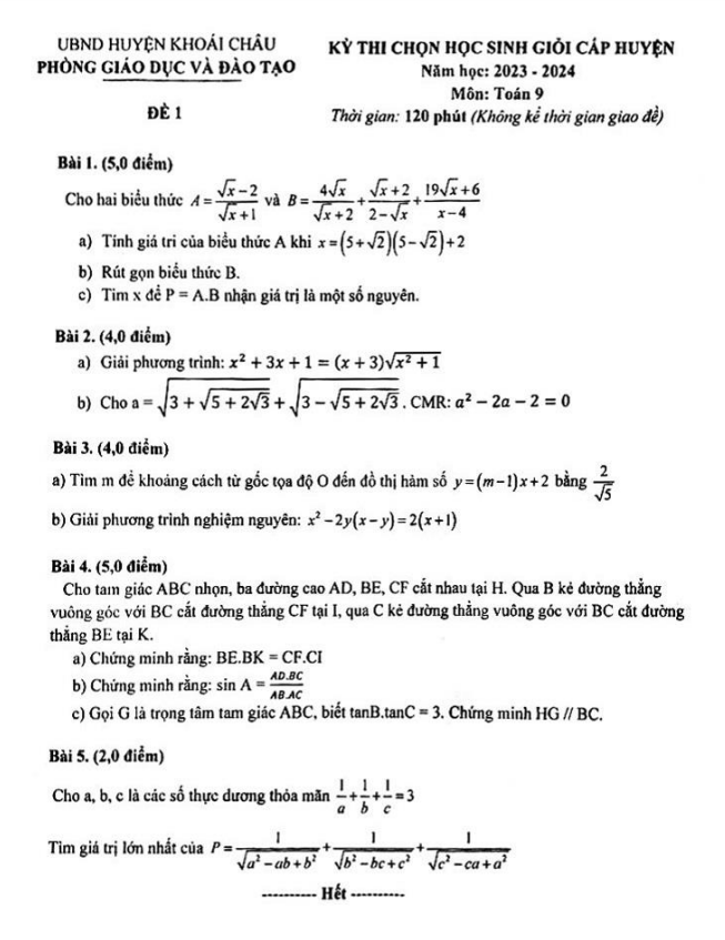 Đề thi HSG lớp 9 môn Toán cấp huyện năm 2023 2024 phòng GD ĐT Khoái Châu Hưng Yên