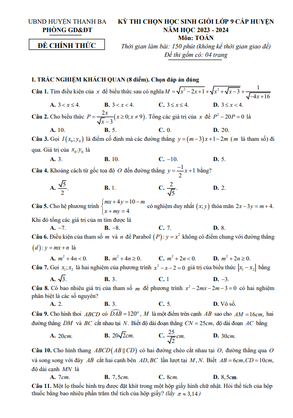 Đề thi HSG lớp 9 môn Toán cấp huyện năm 2023 2024 phòng GD ĐT Thanh Ba Phú Thọ